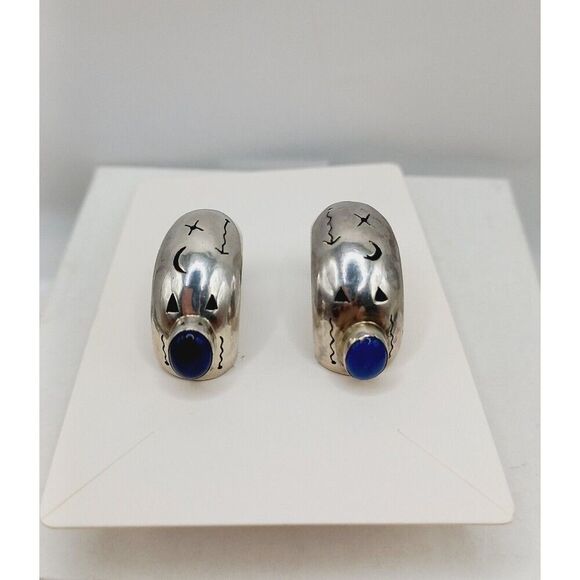 Vintage Sterling Silver Lapis Statement Earrings w Symbols Tribal Southwestern - Picture 13 of 13